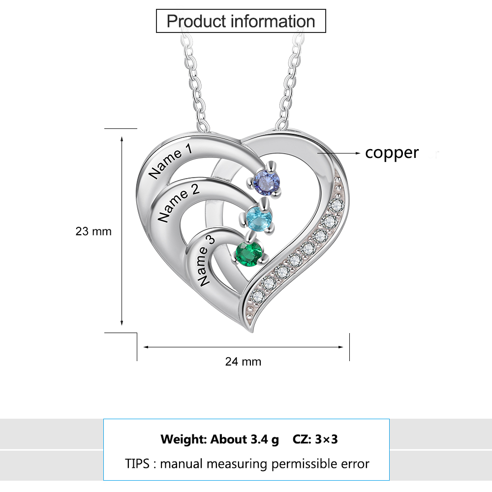 Collier Pendentif en forme de  Cœur 3 Prénoms Personnalisés avec 3 Pierres de Naissance | Jessemade