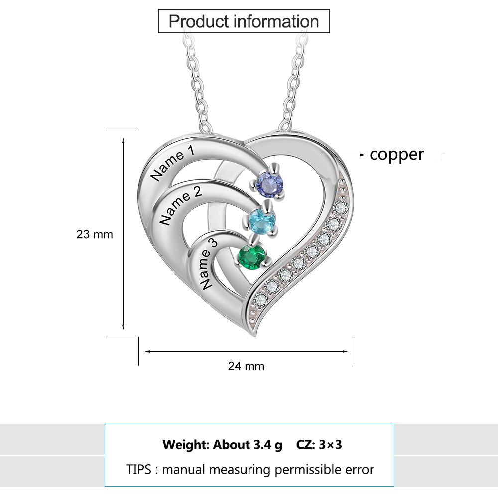 Collier Pendentif en forme de Cœur 3 Prénoms Personnalisés avec 3 Pierres de Naissance | Jessemade