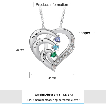 Collier Pendentif en forme de  Cœur 3 Prénoms Personnalisés avec 3 Pierres de Naissance | Jessemade