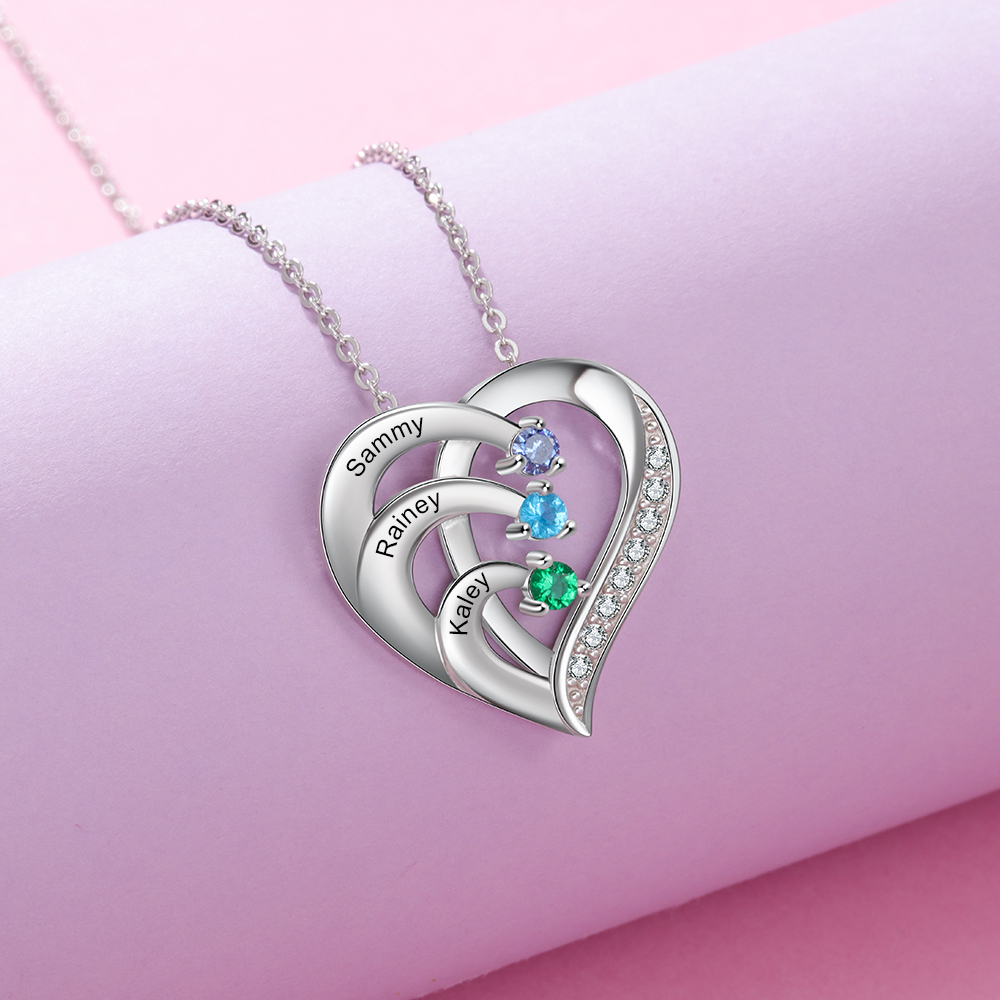 Collier Pendentif en forme de  Cœur 3 Prénoms Personnalisés avec 3 Pierres de Naissance | Jessemade