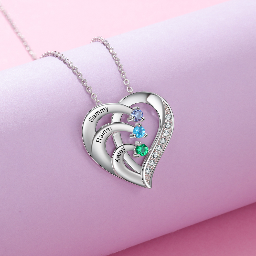 Collier Pendentif en forme de Cœur 3 Prénoms Personnalisés avec 3 Pierres de Naissance | Jessemade