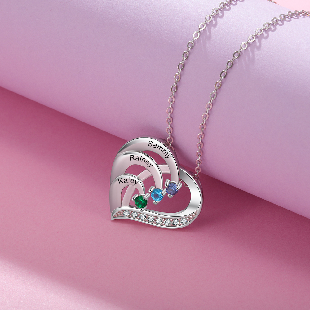 Collier Pendentif en forme de Cœur 3 Prénoms Personnalisés avec 3 Pierres de Naissance | Jessemade
