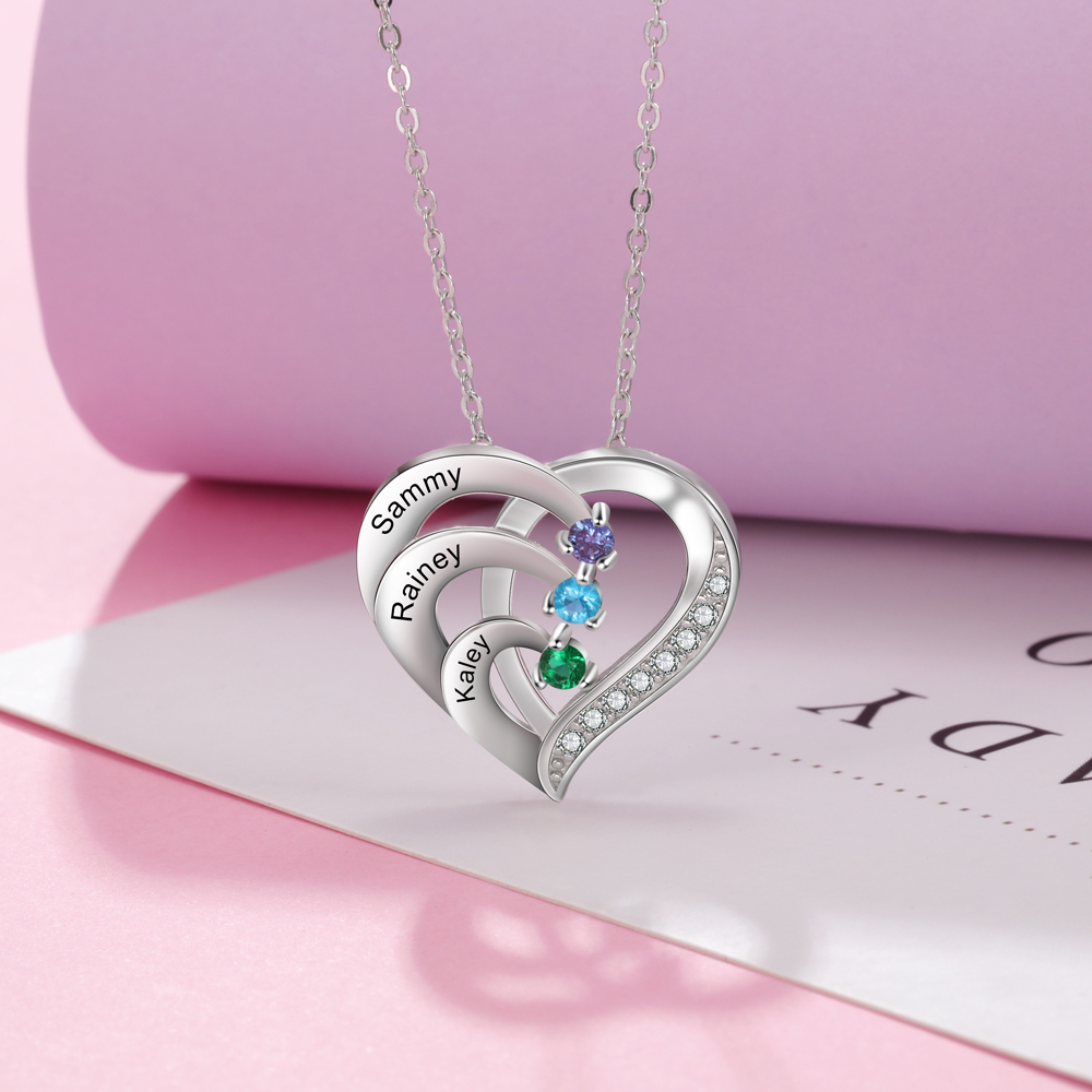 Collier Pendentif en forme de Cœur 3 Prénoms Personnalisés avec 3 Pierres de Naissance | Jessemade