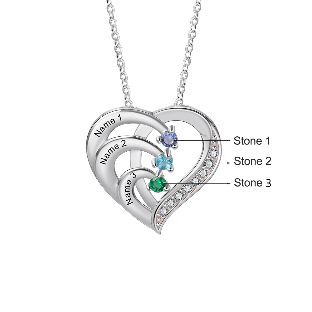 Collier Pendentif en forme de Cœur 3 Prénoms Personnalisés avec 3 Pierres de Naissance | Jessemade