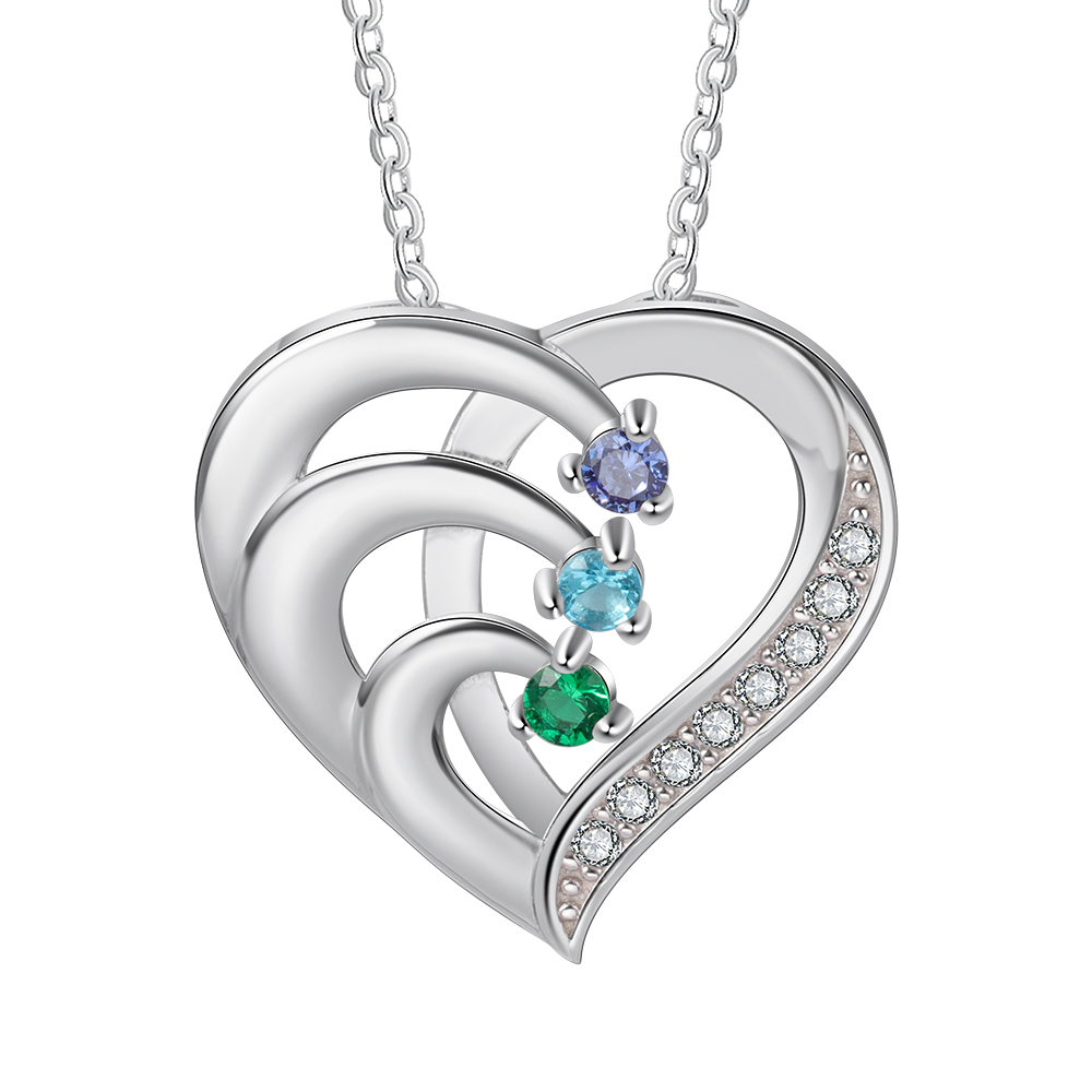 Collier Pendentif en forme de Cœur 3 Prénoms Personnalisés avec 3 Pierres de Naissance | Jessemade