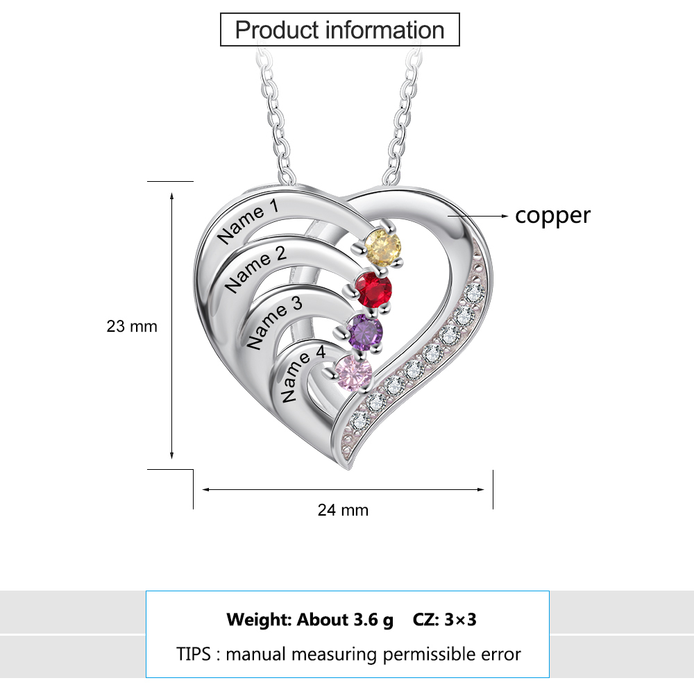 Collier Pendentif en forme de Cœur 4 Prénoms Personnalisés avec 4 Pierres de Naissance | Jessemade