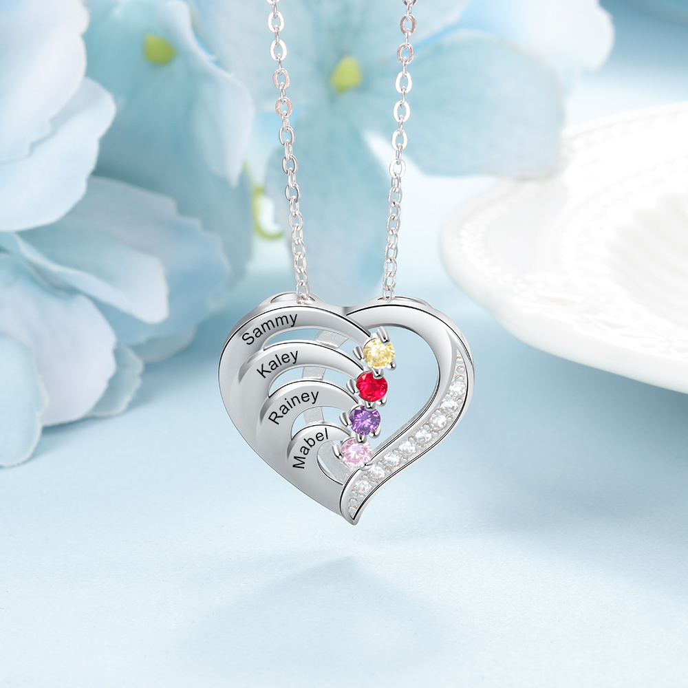 Collier Pendentif en forme de Cœur 4 Prénoms Personnalisés avec 4 Pierres de Naissance | Jessemade