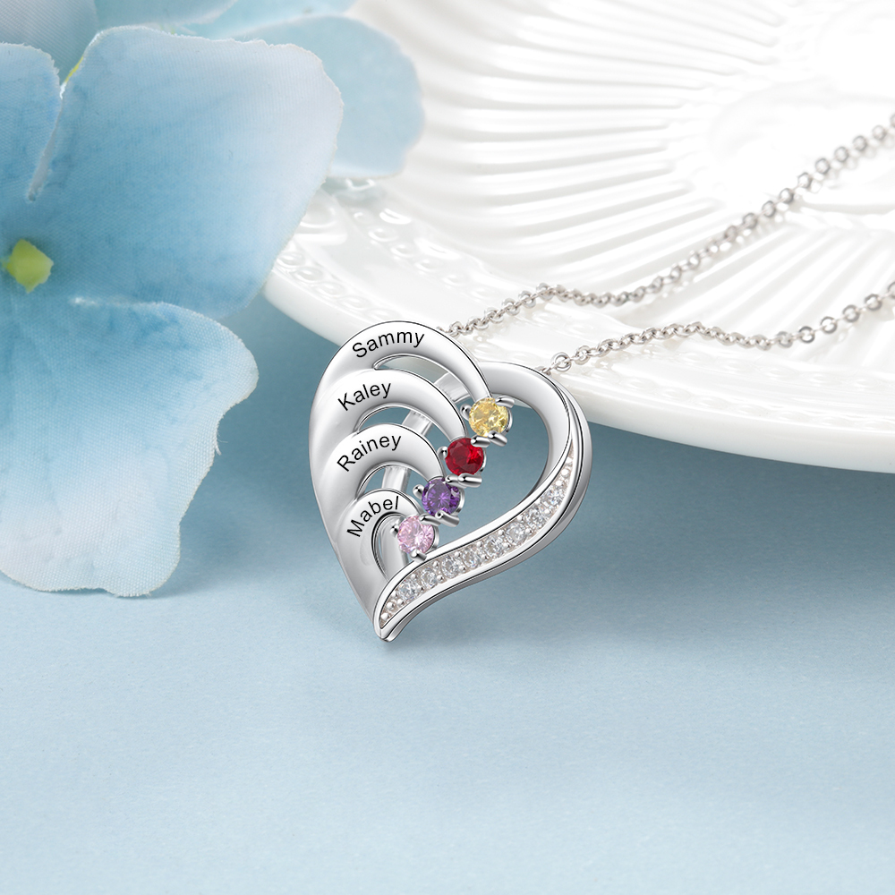 Collier Pendentif en forme de Cœur 4 Prénoms Personnalisés avec 4 Pierres de Naissance | Jessemade