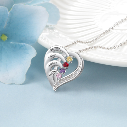 Collier Pendentif en forme de Cœur 4 Prénoms Personnalisés avec 4 Pierres de Naissance | Jessemade