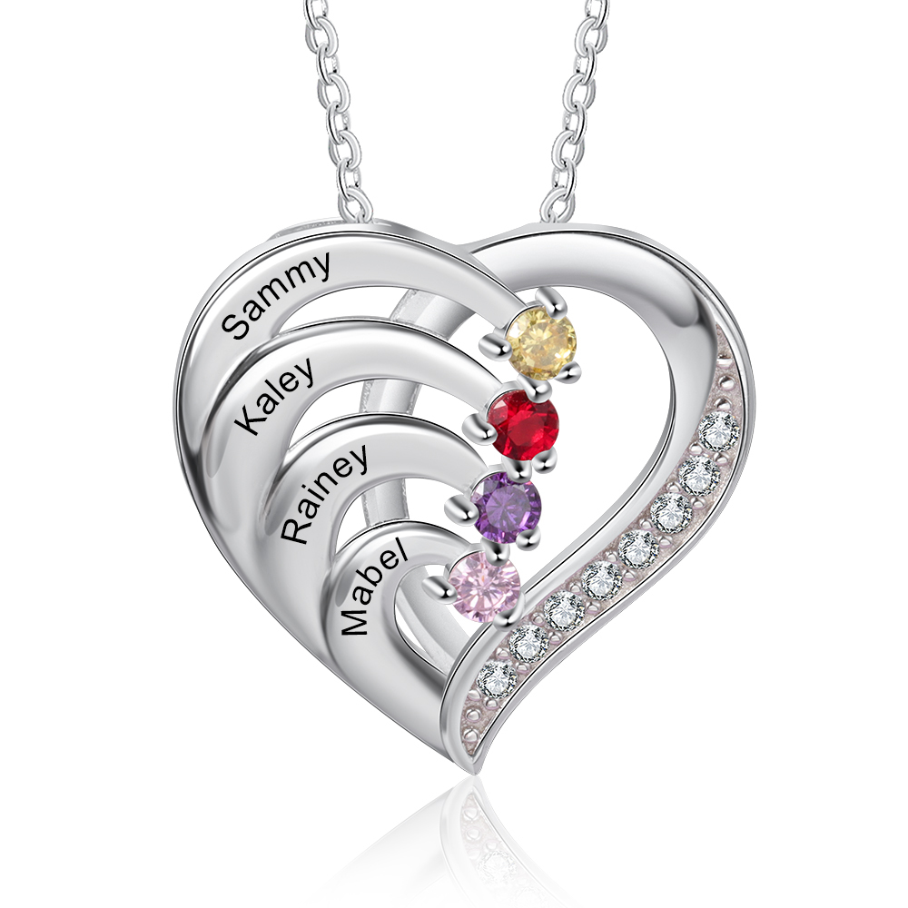 Collier Pendentif en forme de Cœur 4 Prénoms Personnalisés avec 4 Pierres de Naissance | Jessemade