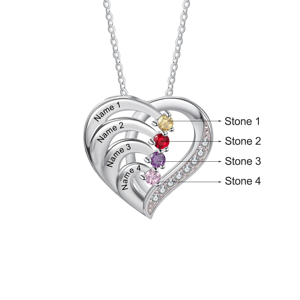 Collier Pendentif en forme de Cœur 4 Prénoms Personnalisés avec 4 Pierres de Naissance | Jessemade
