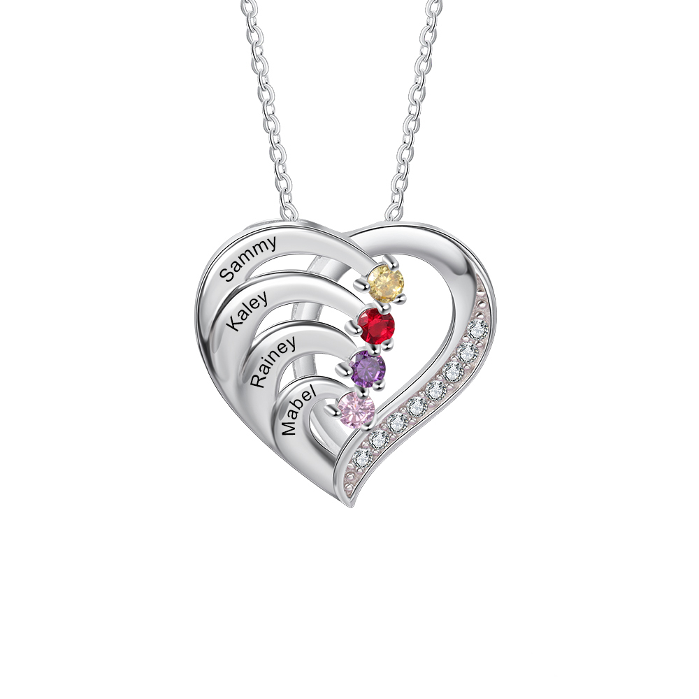 Collier Pendentif en forme de Cœur 4 Prénoms Personnalisés avec 4 Pierres de Naissance | Jessemade