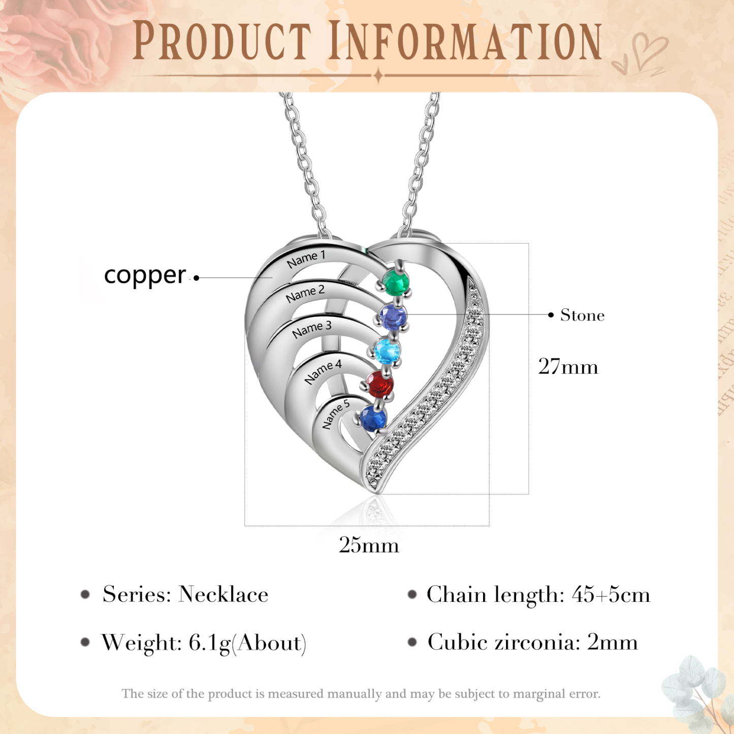 Collier Pendentif en forme Cœur Personnalisé avec 5 Prénoms et 5 Pierres de Naissance | Jessemade