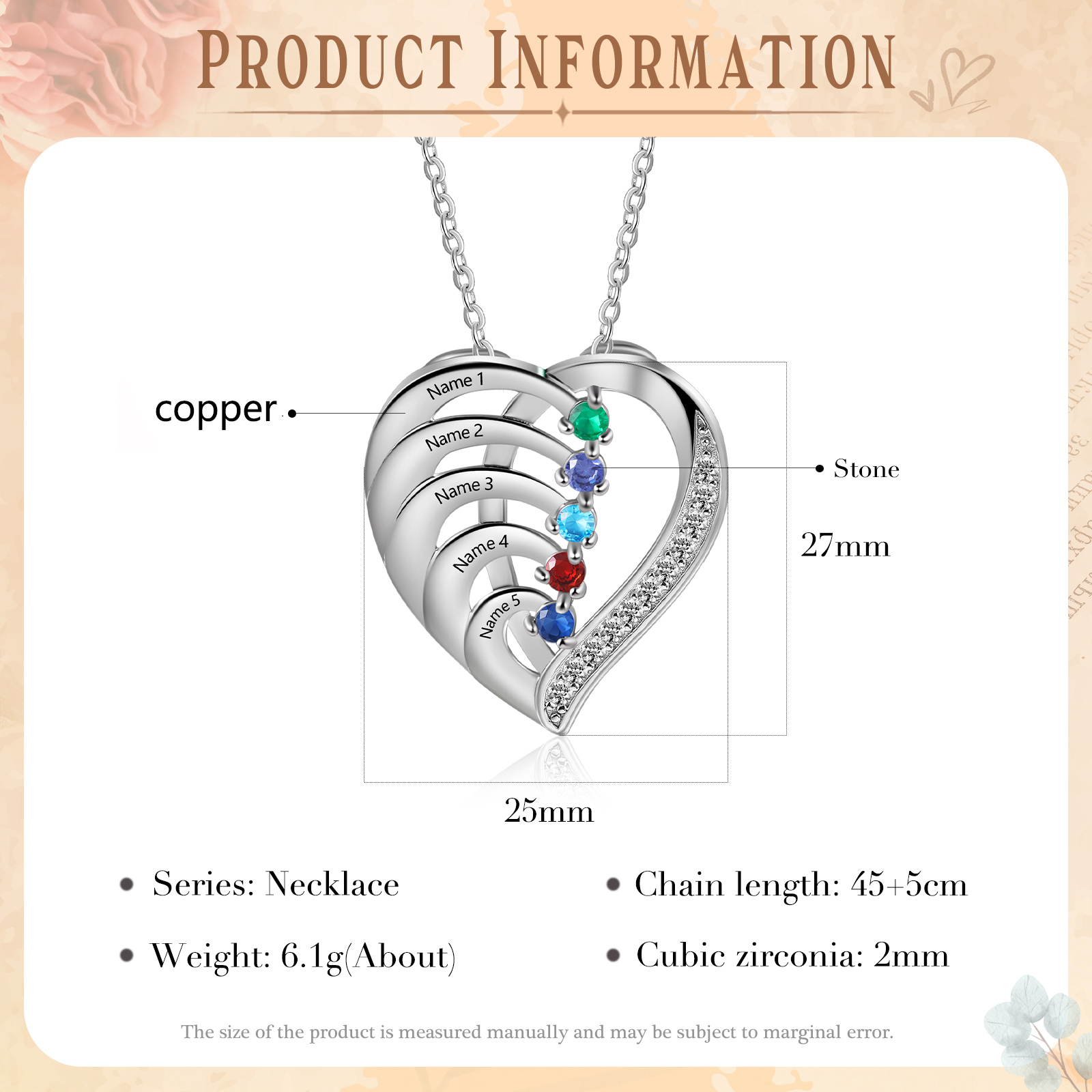 Collier Pendentif en forme Cœur Personnalisé avec 5 Prénoms et 5 Pierres de Naissance | Jessemade