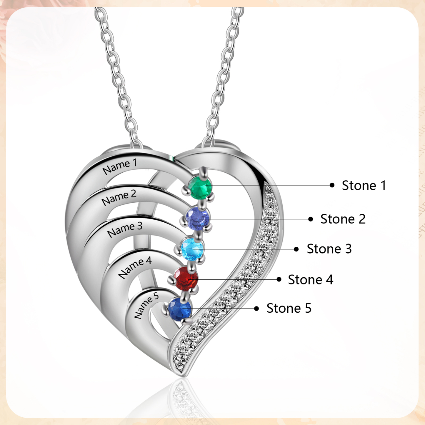 Collier Pendentif en forme Cœur Personnalisé avec 5 Prénoms et 5 Pierres de Naissance | Jessemade