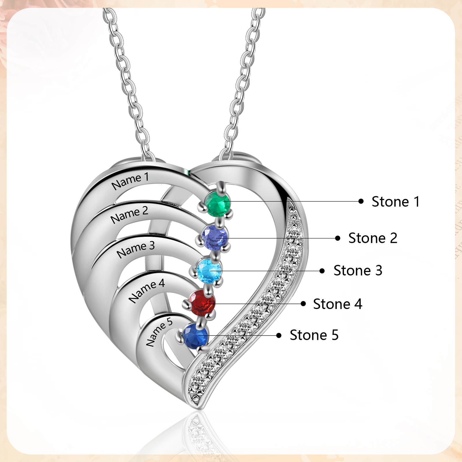 Collier Pendentif en forme Cœur Personnalisé avec 5 Prénoms et 5 Pierres de Naissance | Jessemade
