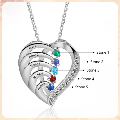 Collier Pendentif en forme Cœur Personnalisé avec 5 Prénoms et 5 Pierres de Naissance | Jessemade