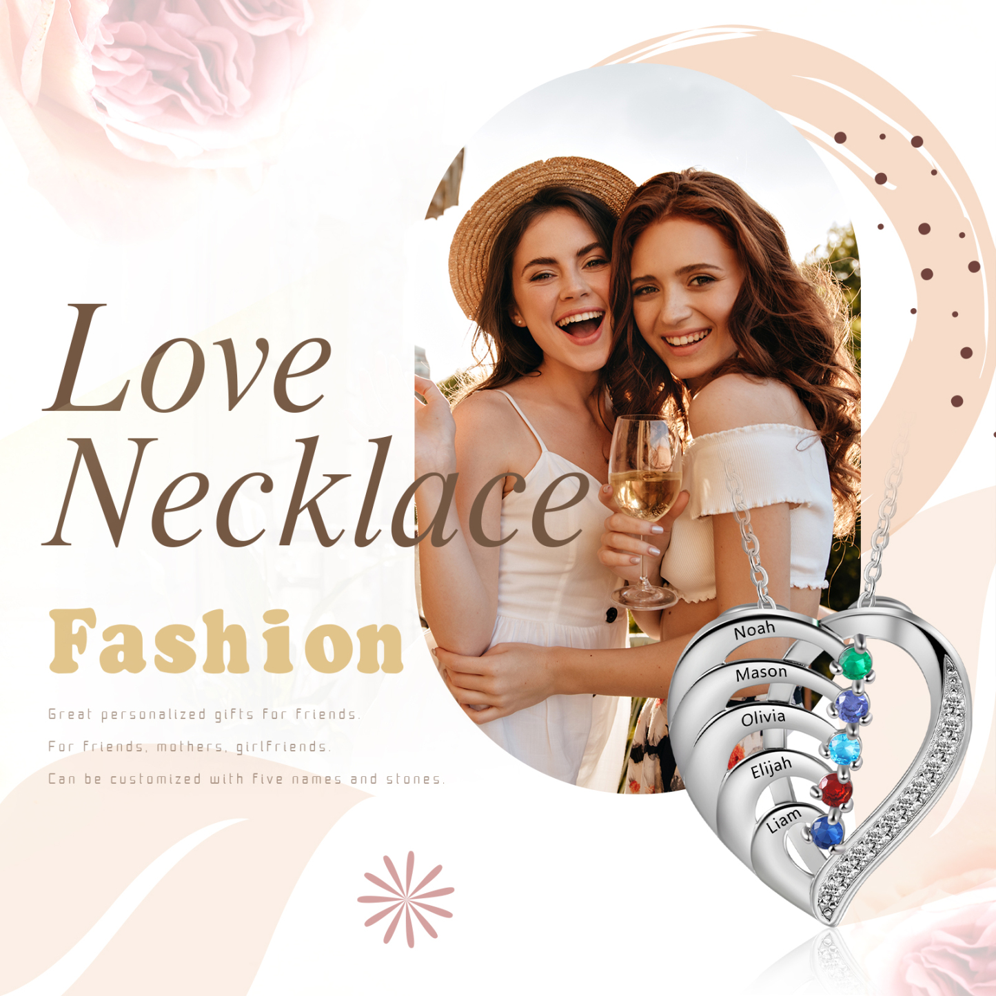 Collier Pendentif en forme Cœur Personnalisé avec 5 Prénoms et 5 Pierres de Naissance | Jessemade