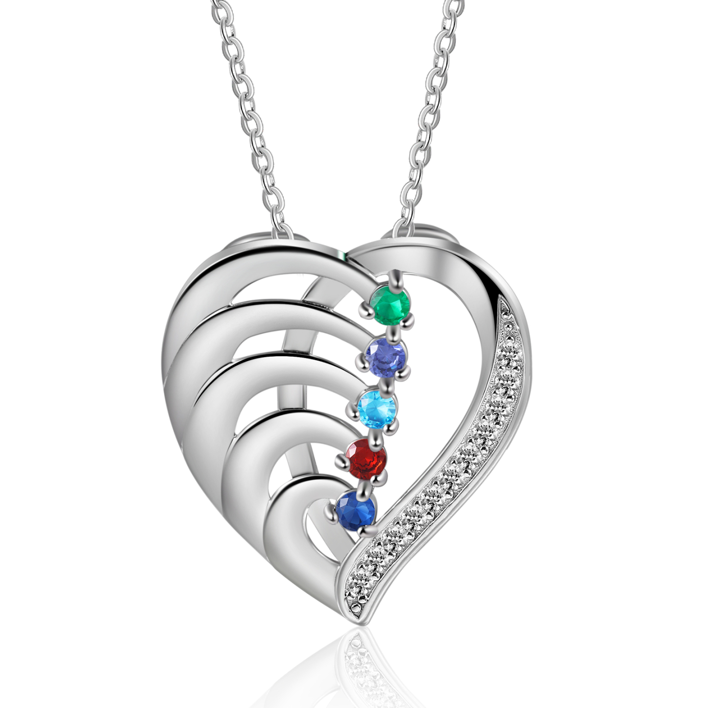 Collier Pendentif en forme Cœur Personnalisé avec 5 Prénoms et 5 Pierres de Naissance | Jessemade
