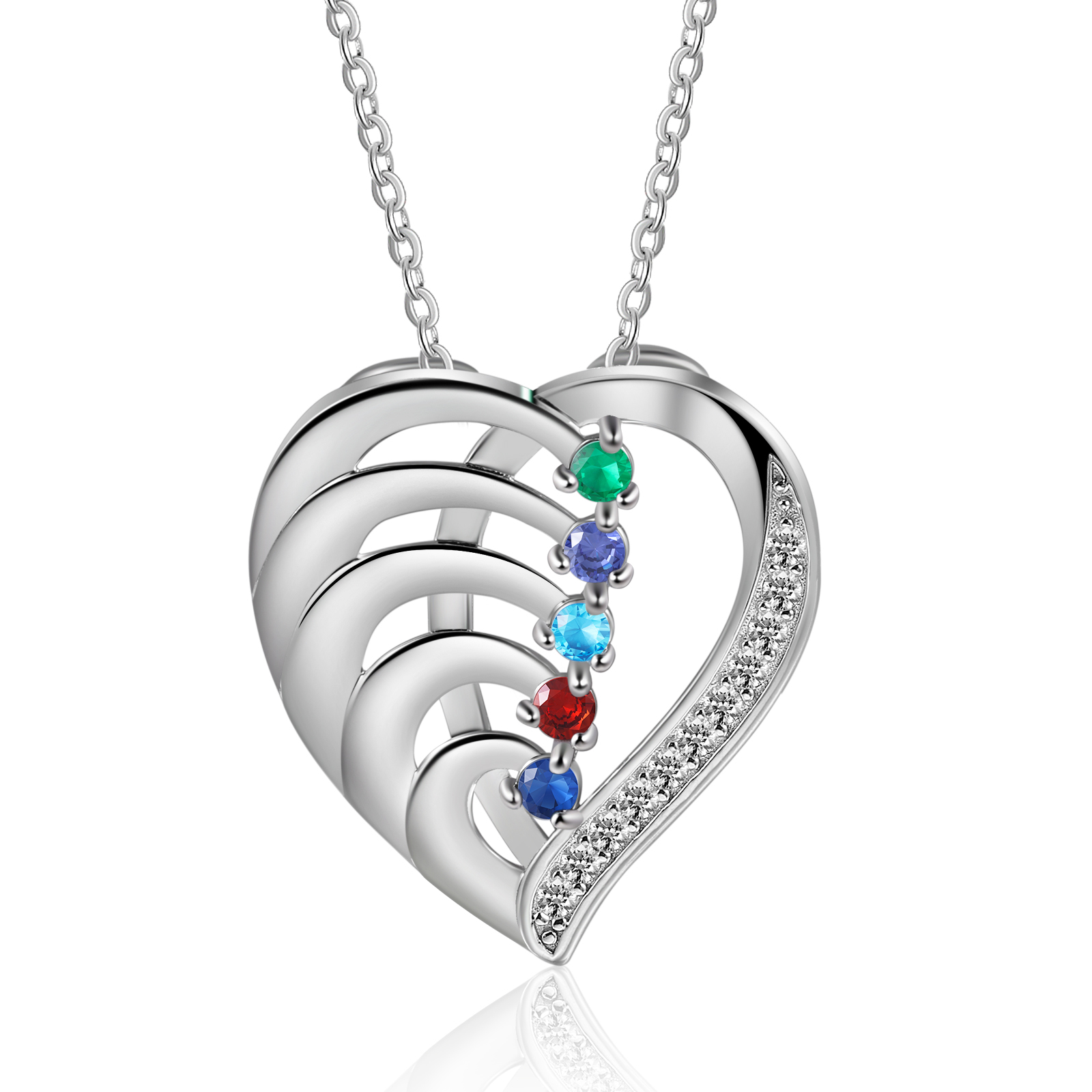 Collier Pendentif en forme Cœur Personnalisé avec 5 Prénoms et 5 Pierres de Naissance | Jessemade