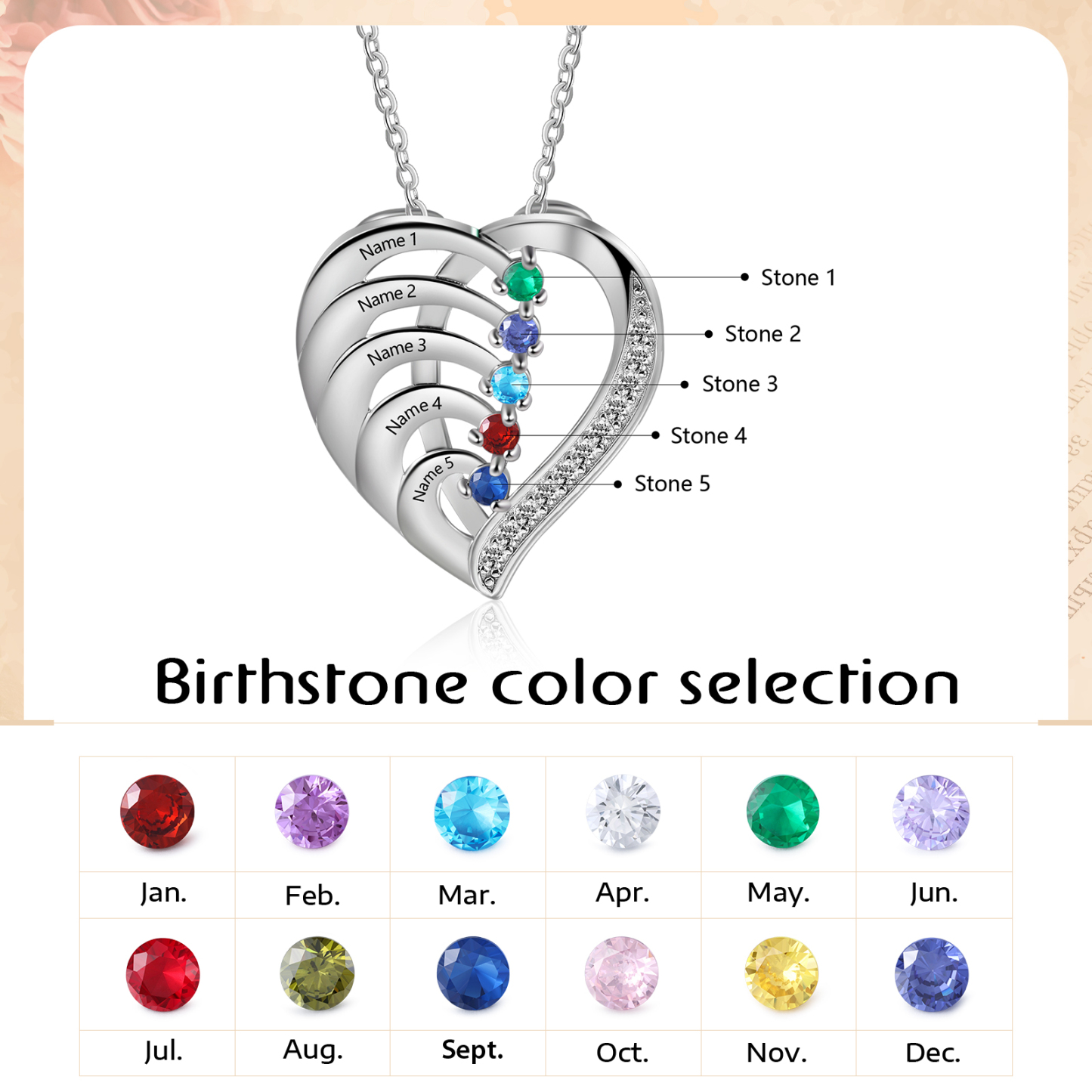 Collier Pendentif en forme Cœur Personnalisé avec 5 Prénoms et 5 Pierres de Naissance | Jessemade