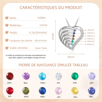 Collier Pendentif en forme de Cœur Personnalisés avec 2-6 Prénoms et 2-6 Pierres de Naissance pour Femme | Jessemade