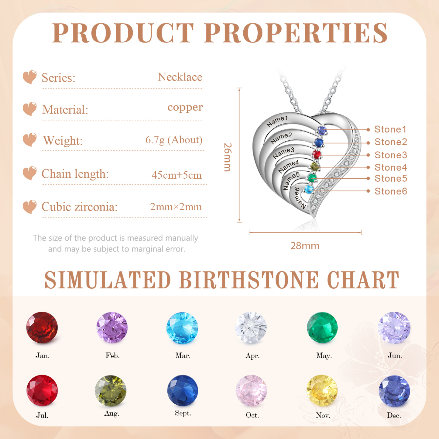 Collier Pendentif en forme de cœur Personnalisé avec 6 Gravures et 6 Pierres de Naissance | Jessemade