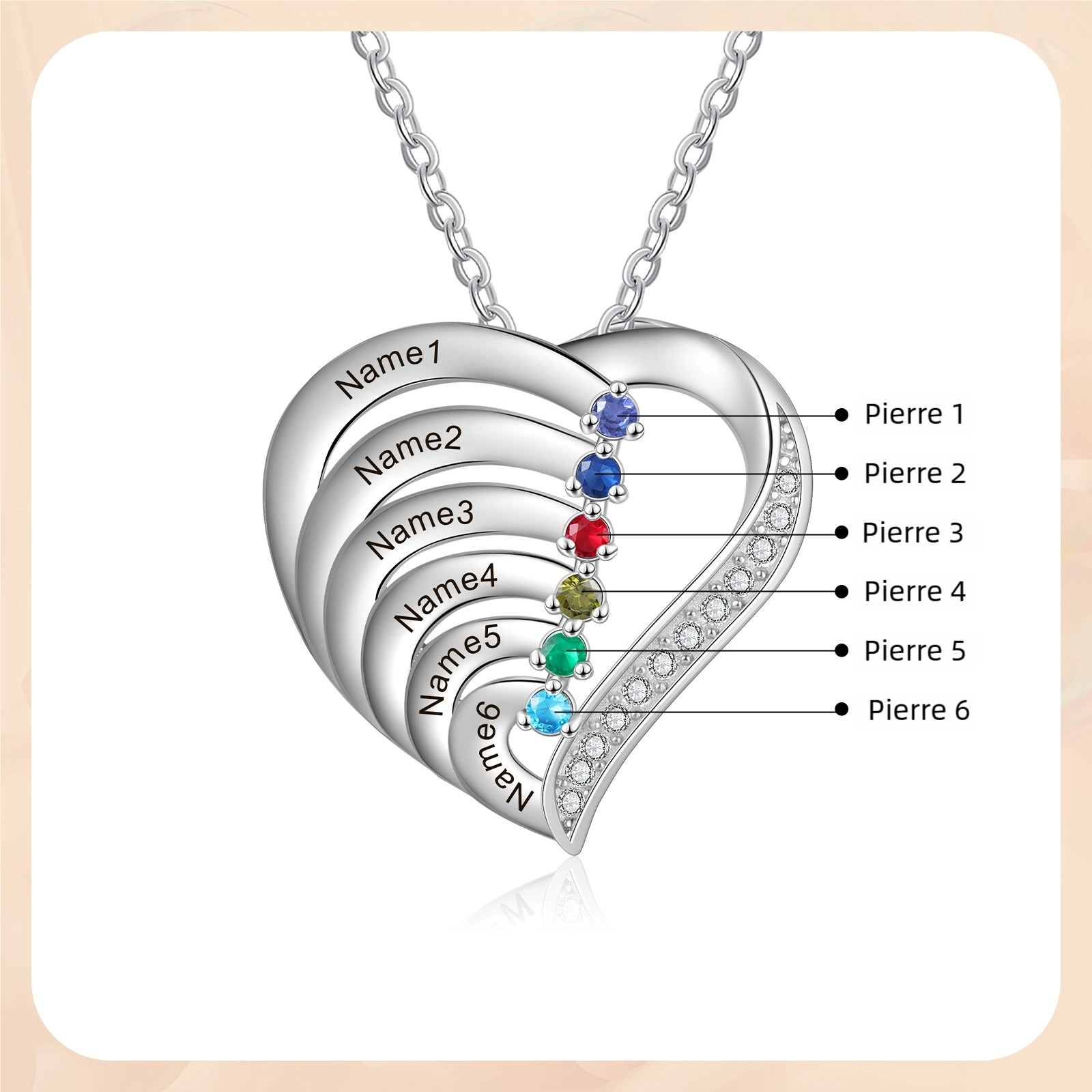 Collier Pendentif en forme de Cœur Personnalisés avec 2-6 Prénoms et 2-6 Pierres de Naissance pour Femme | Jessemade