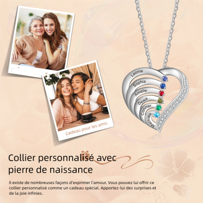Collier Pendentif en forme de Cœur Personnalisés avec 2-6 Prénoms et 2-6 Pierres de Naissance pour Femme | Jessemade