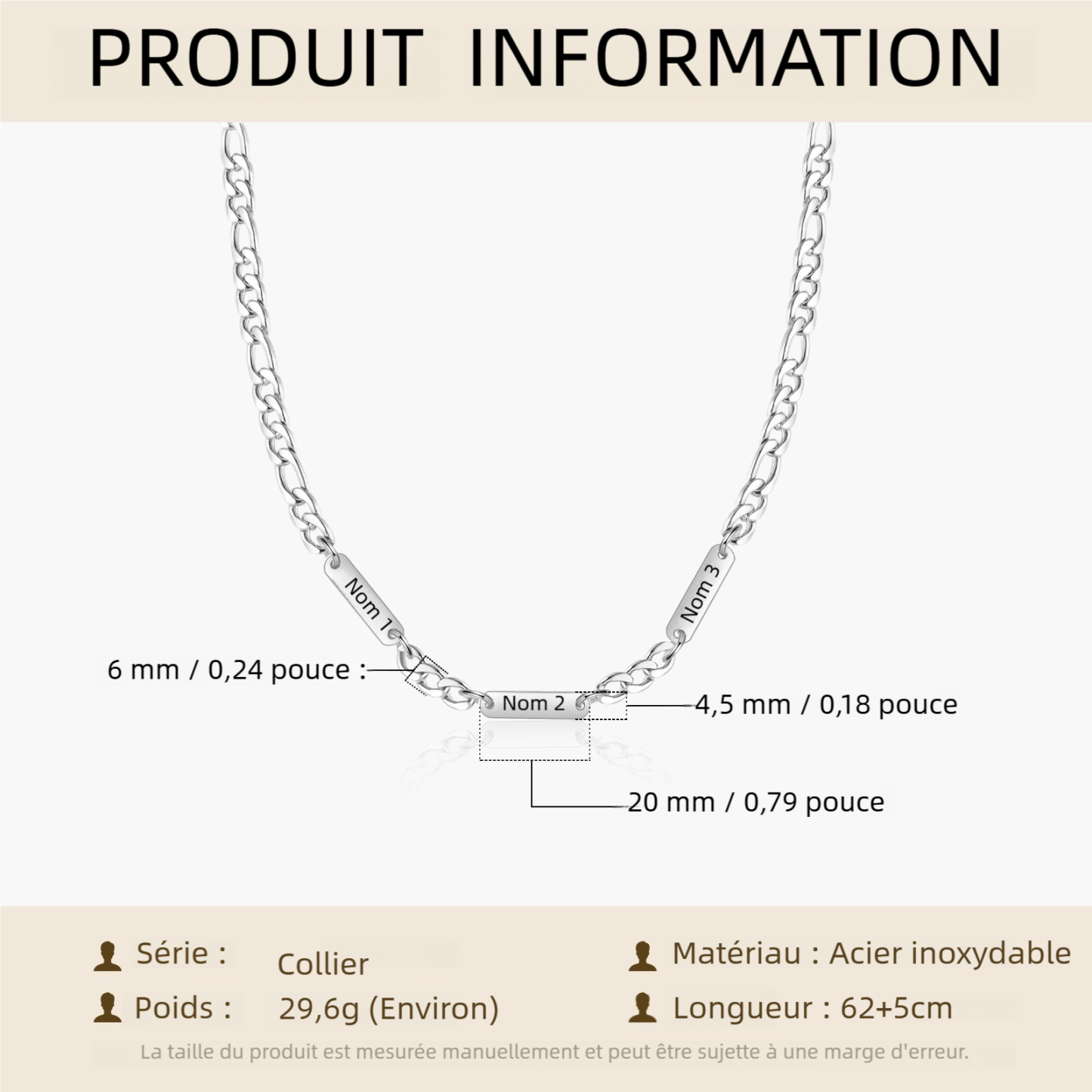 Collier en acier inoxydable Personnalisé avec 1-5 Prénoms Collier pour Homme | Jessemade