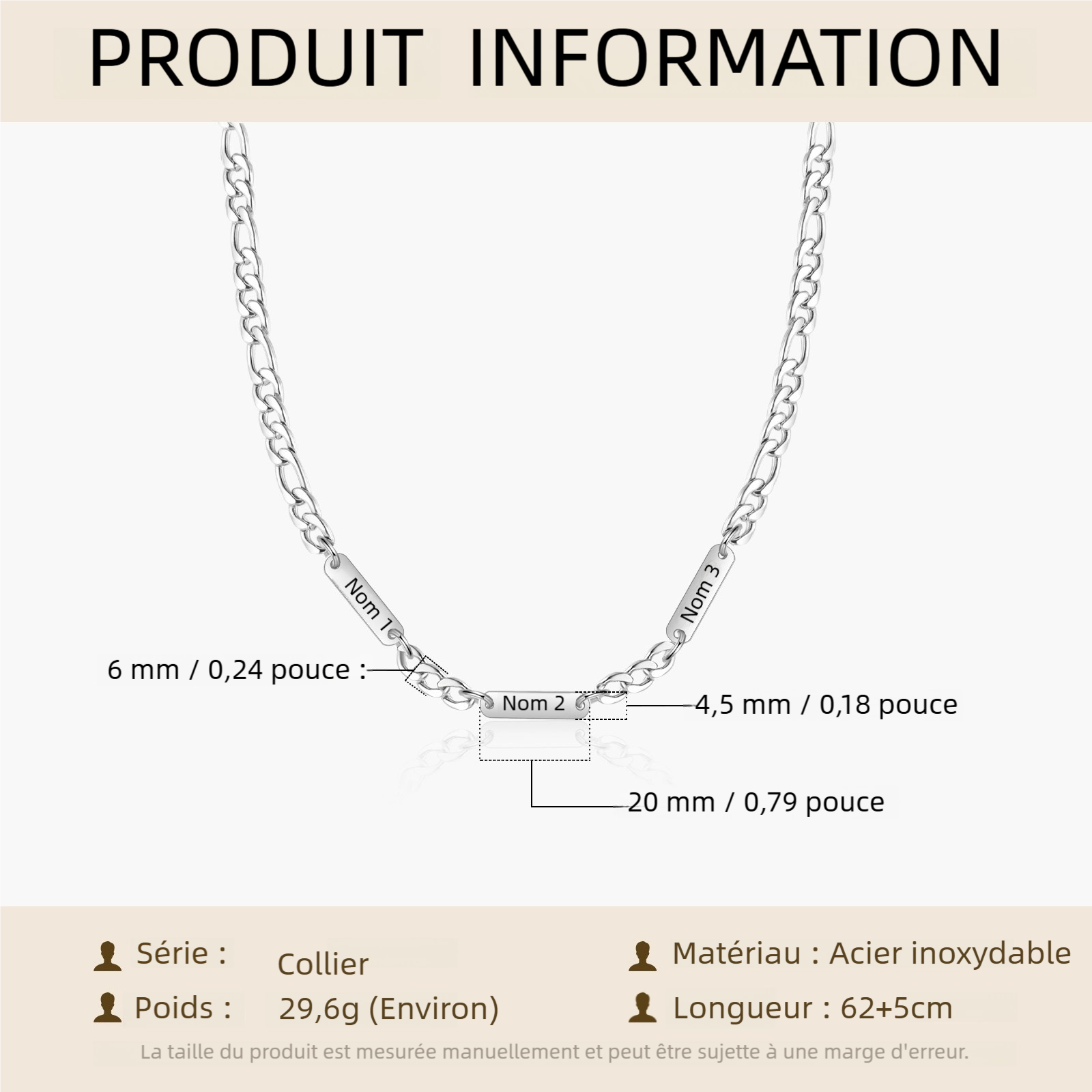 Collier en acier inoxydable Personnalisé avec 1-5 Prénoms Collier pour Homme | Jessemade