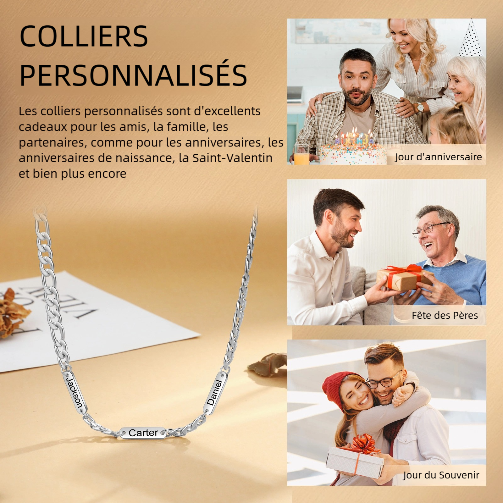 Collier en acier inoxydable Personnalisé avec 1-5 Prénoms Collier pour Homme | Jessemade
