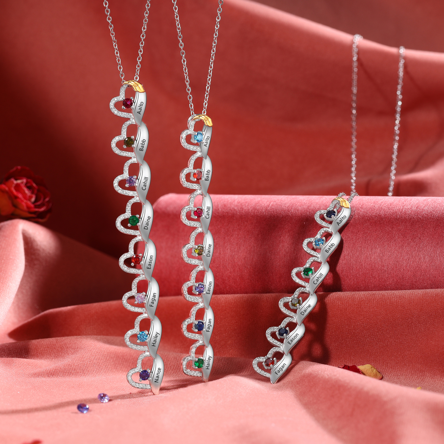 Collier en forme de cœur Personnalisé 7 Prénoms avec Pierres de Naissance Collier Personnalisé pour Femme | Jessemade