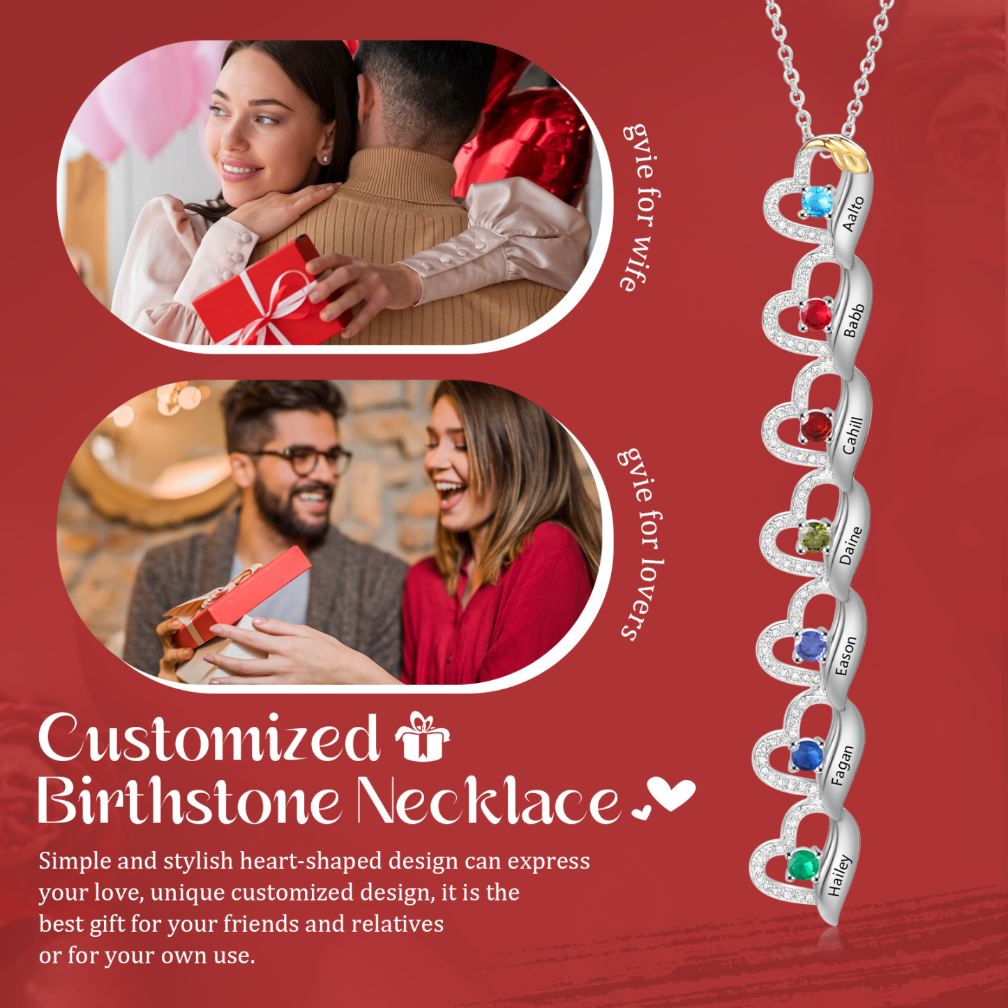 Collier en forme de cœur Personnalisé 7 Prénoms avec Pierres de Naissance Collier Personnalisé pour Femme | Jessemade