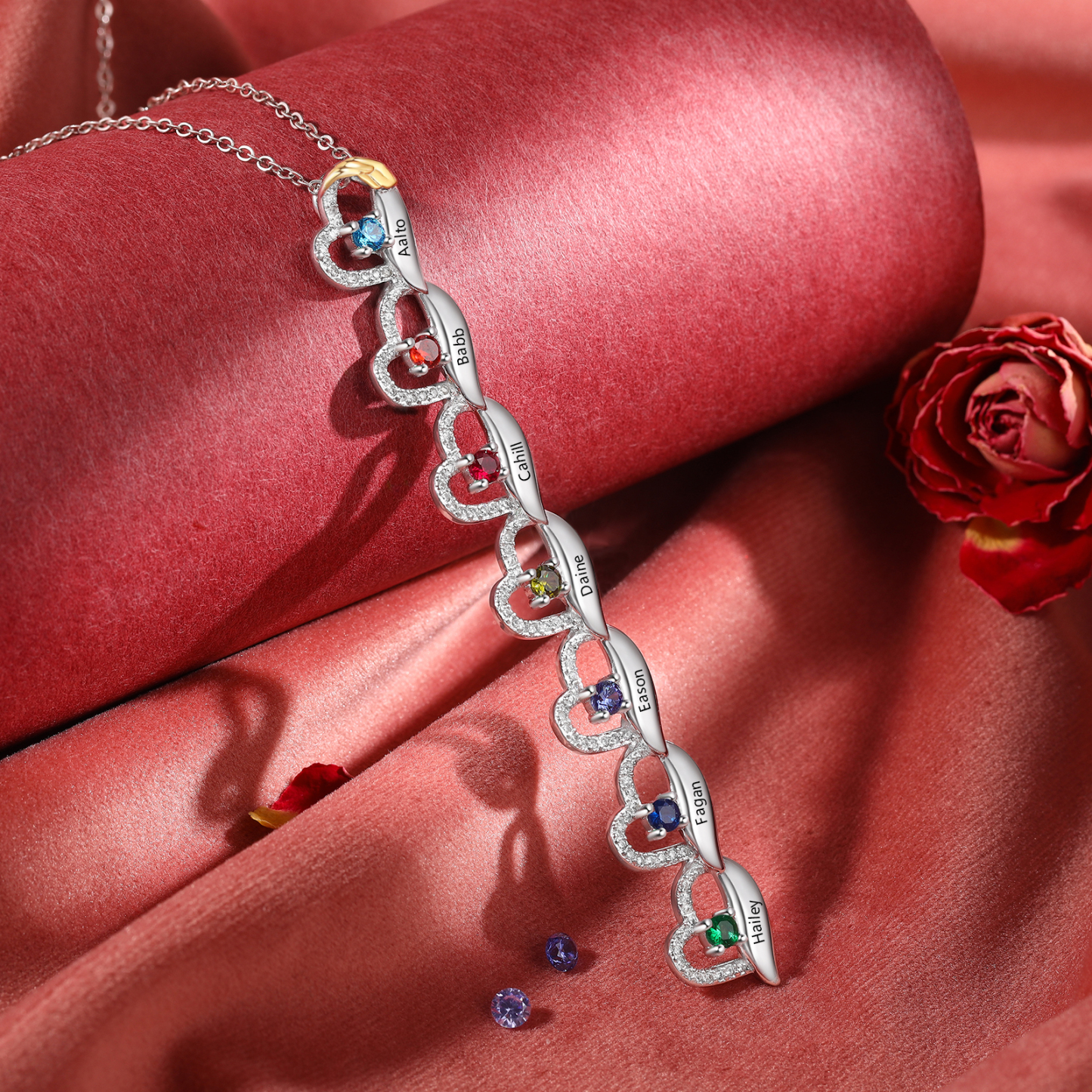 Collier en forme de cœur Personnalisé 7 Prénoms avec Pierres de Naissance Collier Personnalisé pour Femme | Jessemade