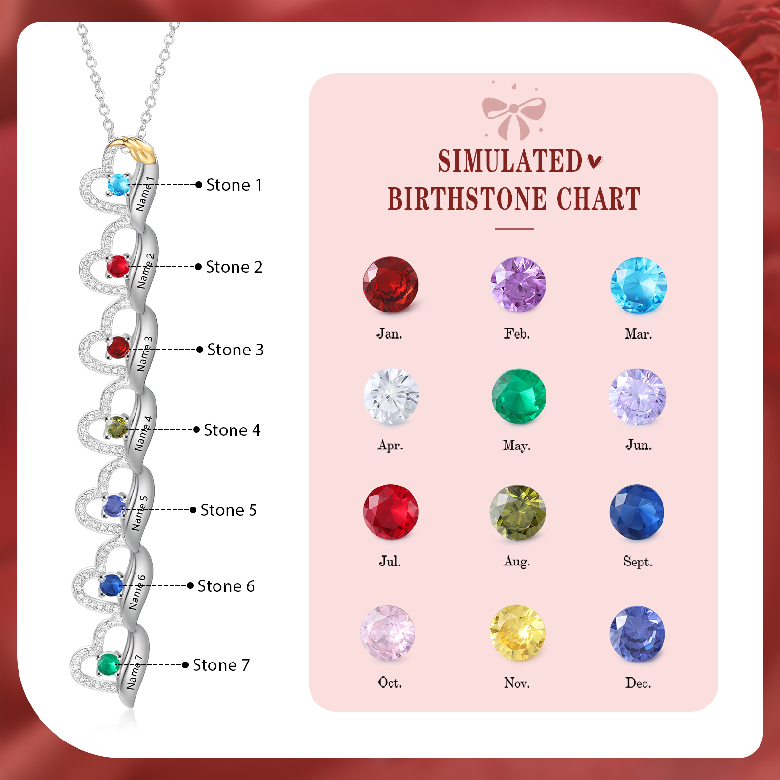 Collier en forme de cœur Personnalisé 7 Prénoms avec Pierres de Naissance Collier Personnalisé pour Femme | Jessemade
