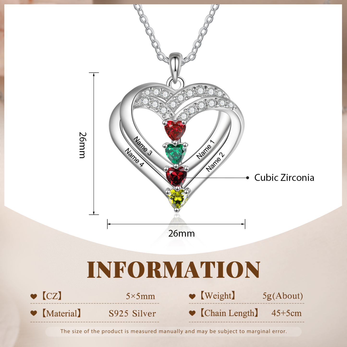 Collier Coeur Argent S925 4 Prénoms Personnalisés avec 4 Pierres de naissance pour Femmes Saint Valentin|Jessemade