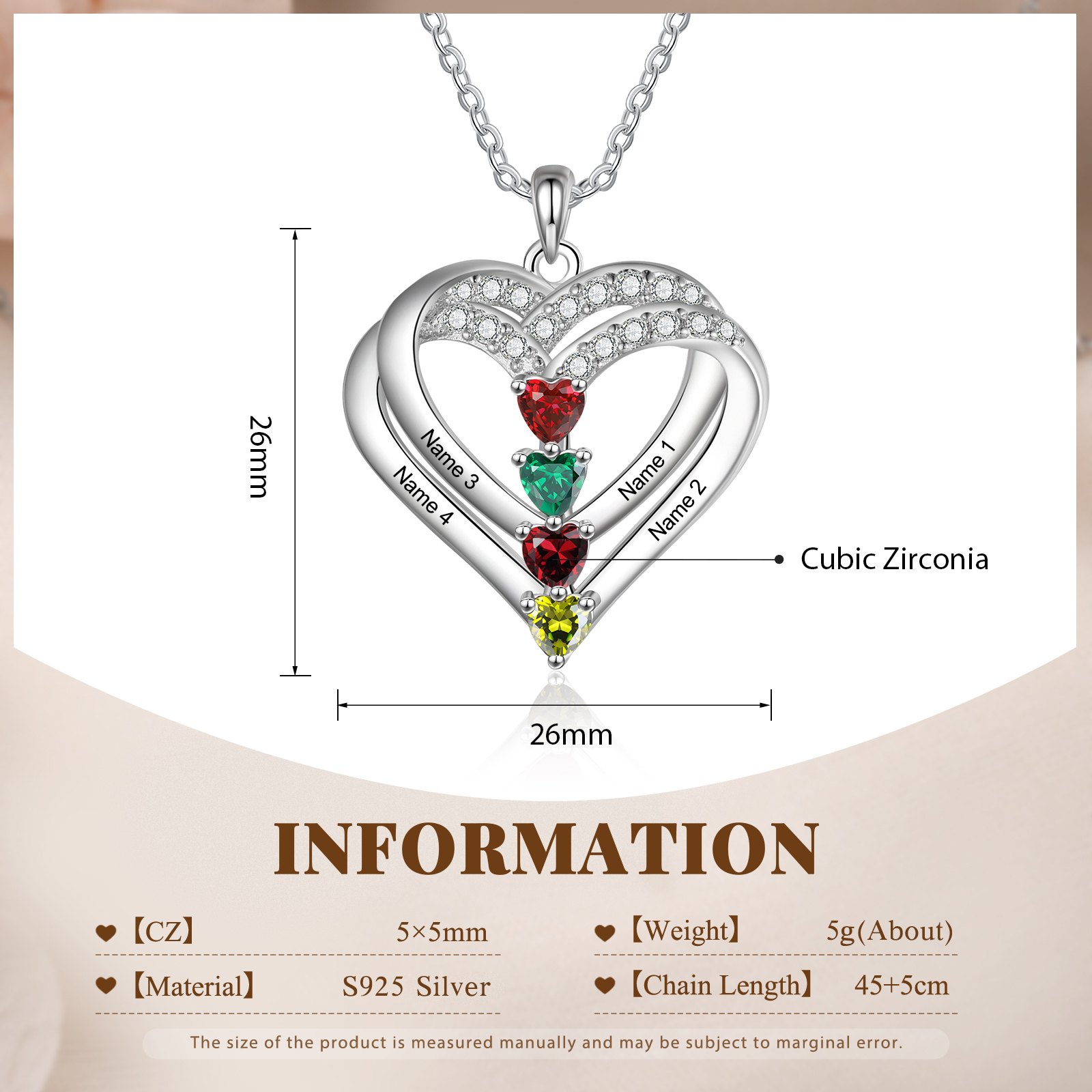 Collier Coeur Argent S925 4 Prénoms Personnalisés avec 4 Pierres de naissance pour Femmes Saint Valentin|Jessemade
