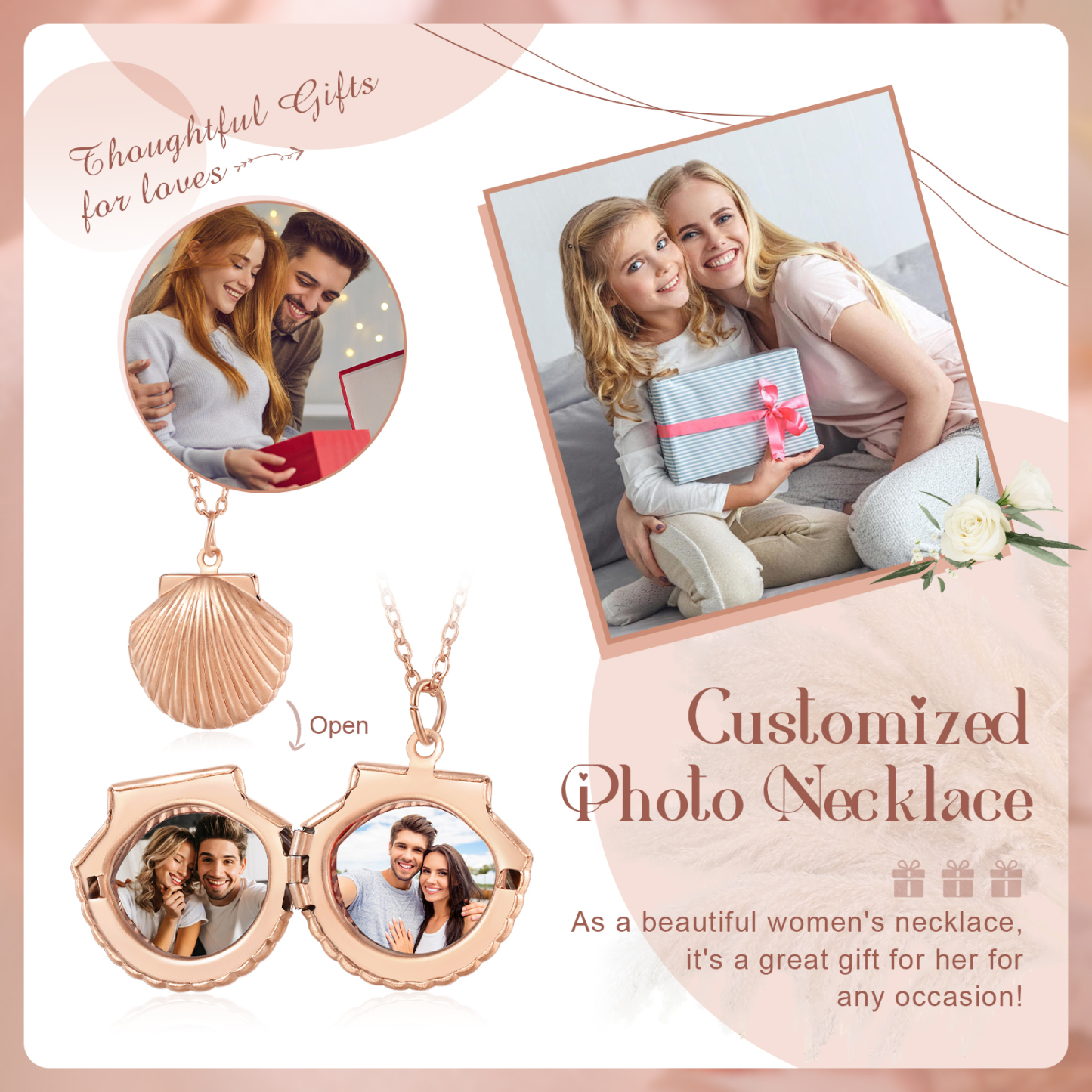 Collier en forme de coquillage Personnalisé avec 2 Photos Collier Personnalisé pour Femme | Jessemade
