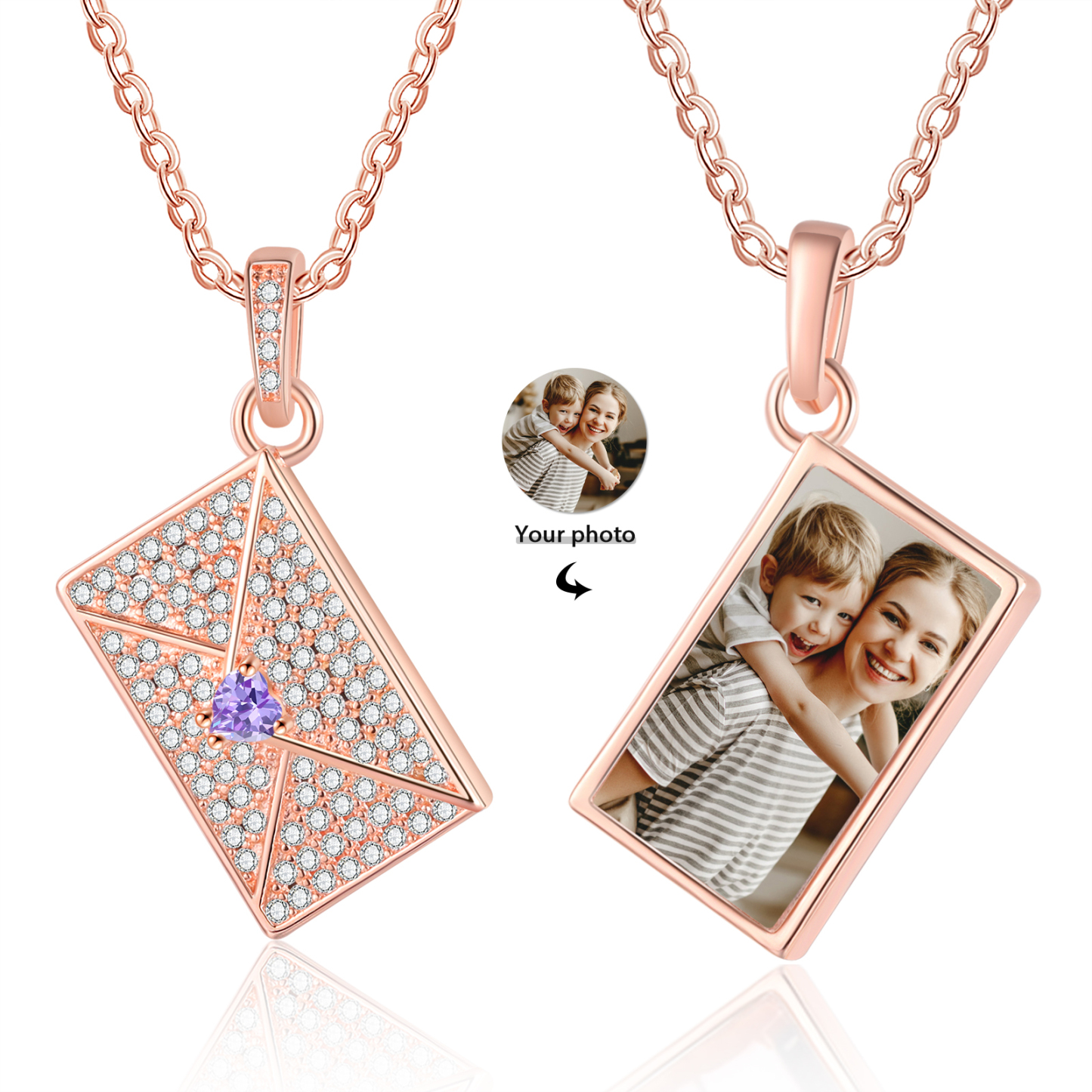 Collier Personnalisé avec Photo et Pierre de Naissance Argent/Noir/Or/Or Rose | Jessemade