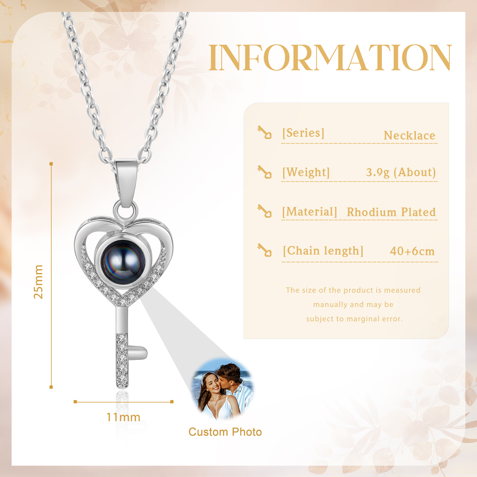 Collier Clé en Forme de Cœur Projection de Pierre avec 1 Photo Personnalisée Collier Personnalisé | Jessemade