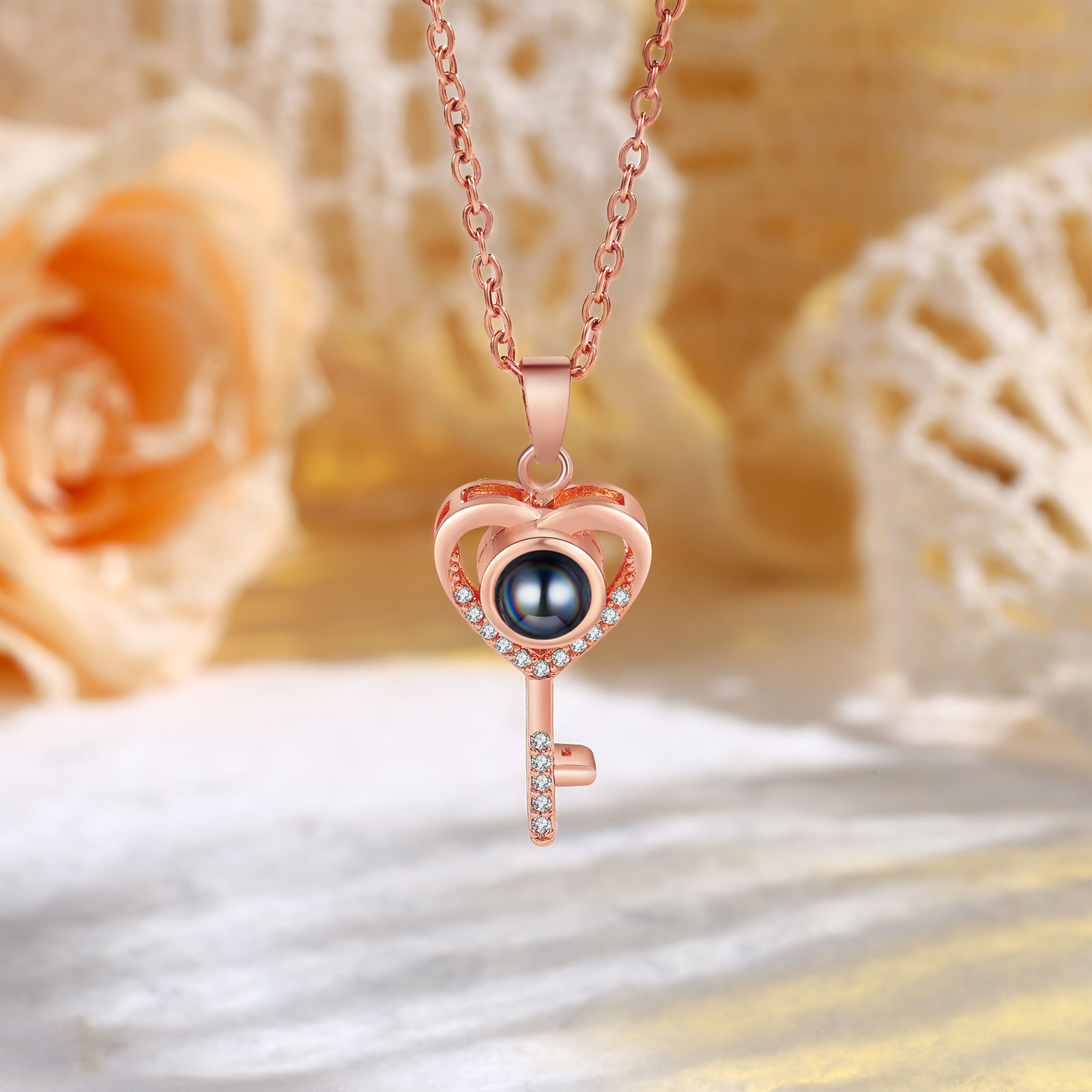 Collier Clé en Forme de Cœur Projection de Pierre avec 1 Photo Personnalisée Collier Personnalisé | Jessemade