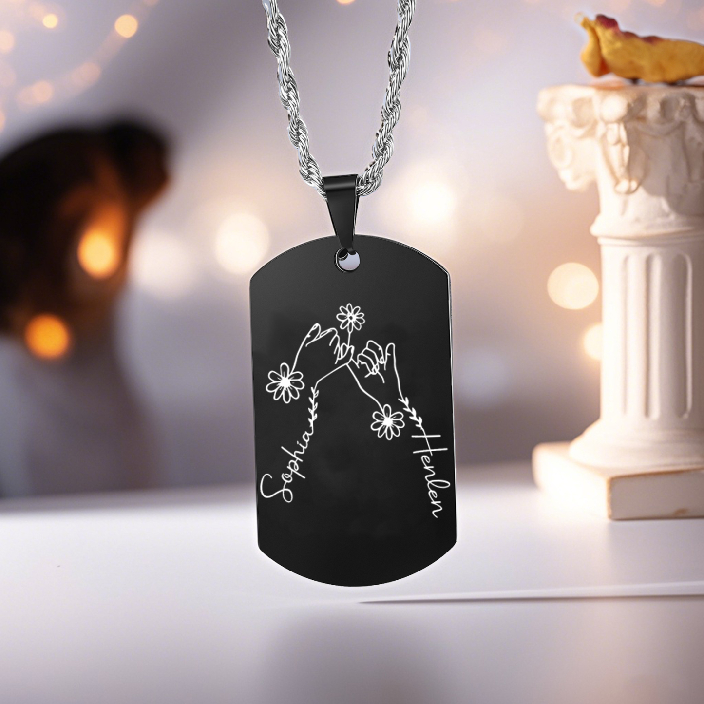 Collier Personnalisé en Acier Inoxydable avec Prénoms Gravés Argent/Noir | Jessemade