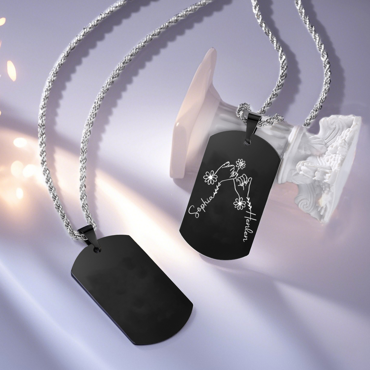Collier Personnalisé en Acier Inoxydable avec Prénoms Gravés Argent/Noir | Jessemade
