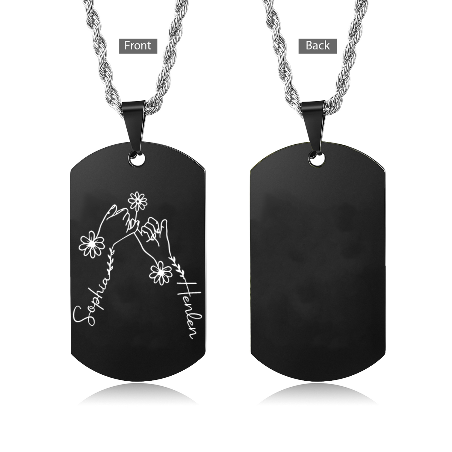 Collier Personnalisé en Acier Inoxydable avec Prénoms Gravés Argent/Noir | Jessemade