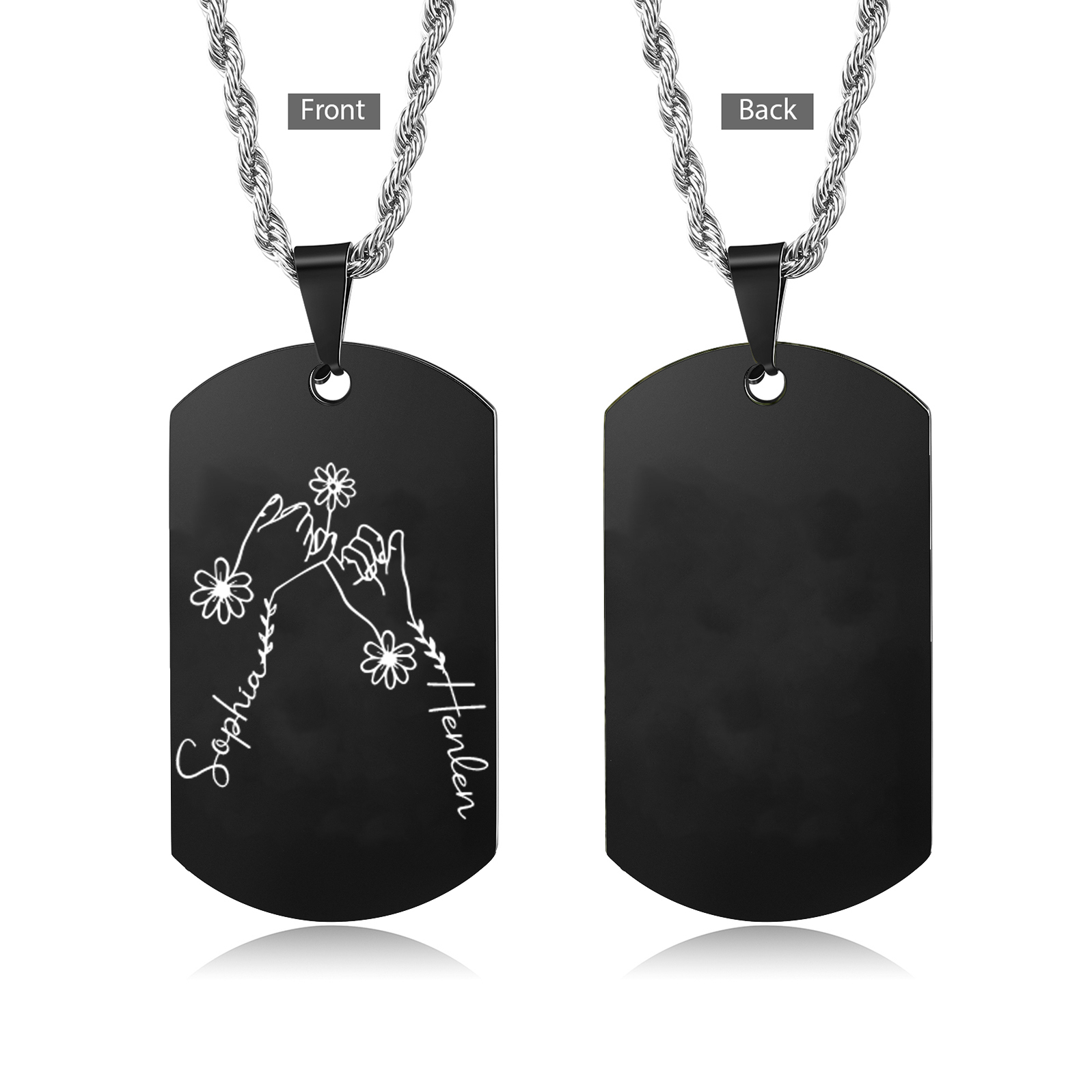 Collier Personnalisé en Acier Inoxydable avec Prénoms Gravés Argent/Noir | Jessemade