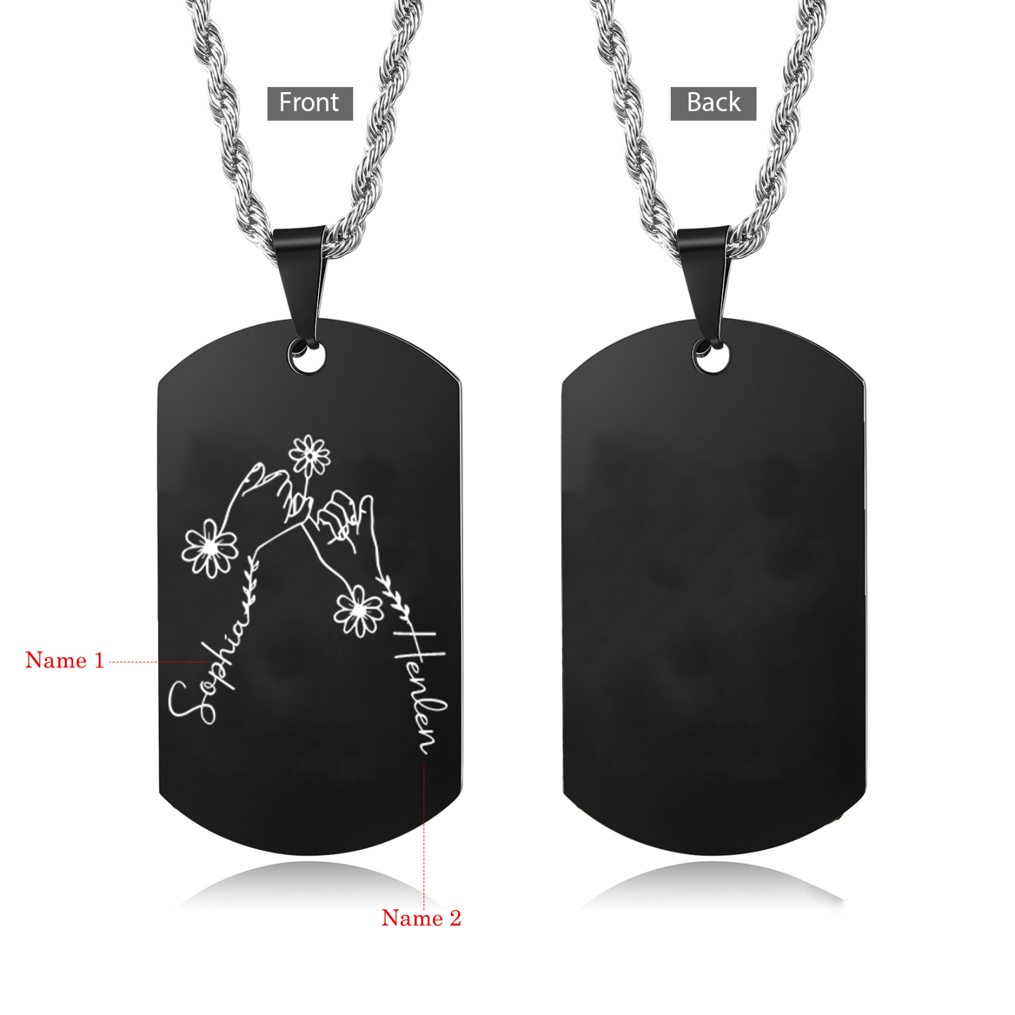 Collier Personnalisé en Acier Inoxydable avec Prénoms Gravés Argent/Noir | Jessemade