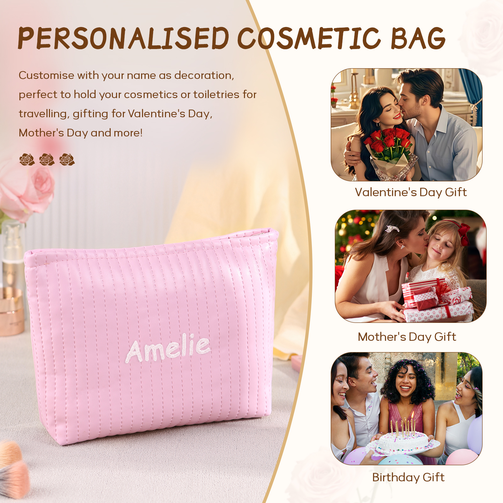 Trousse De Maquillage en cuir PU Personnalisé avec 1 Prénom Sac De Maquillage Pour Femmes | Jessemade