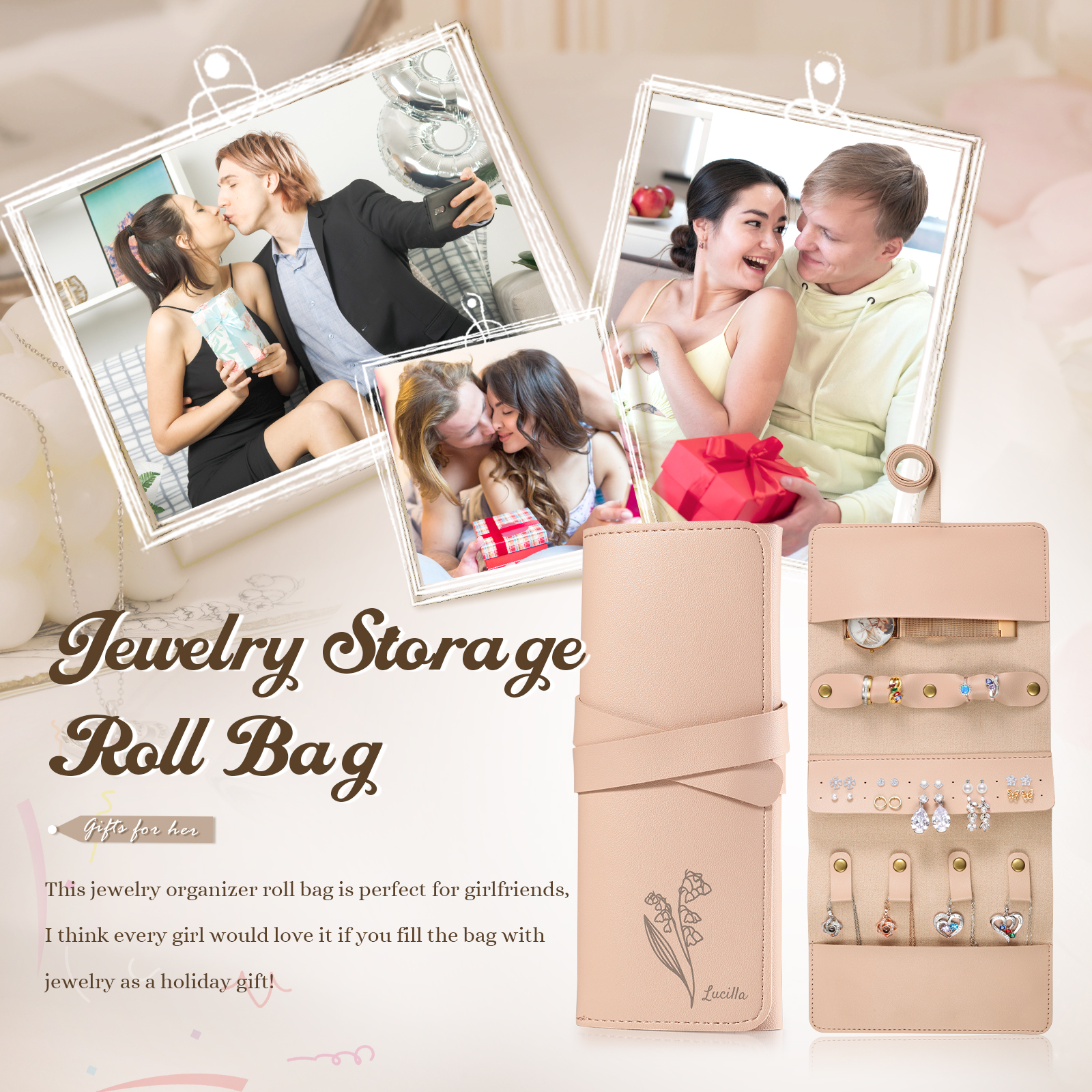 Trousse de Maquillage Personnalisé avec Fleurs de Naissance et Prénom Pochette porte-bijoux personnalisée pour Femme | Jessemade