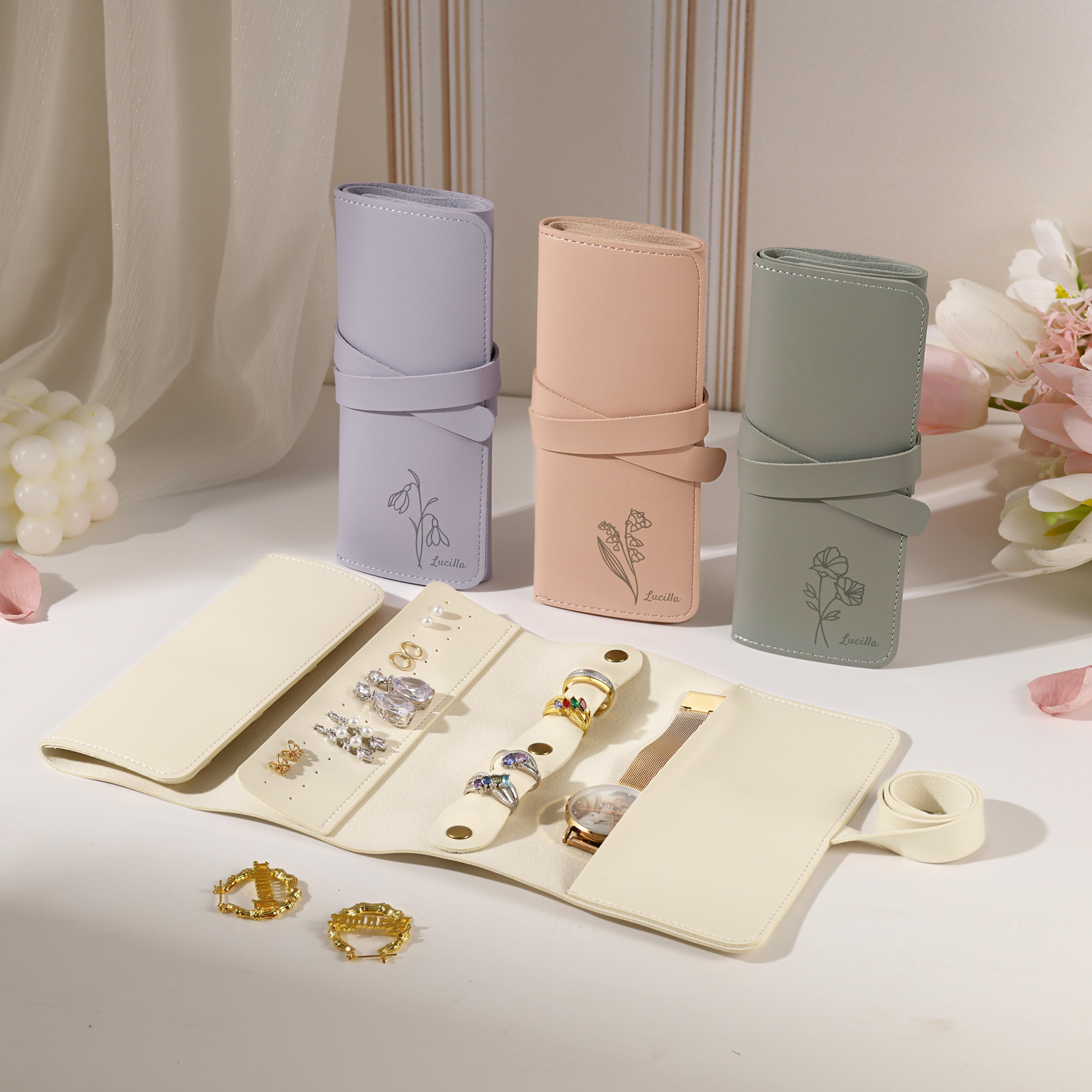 Trousse de Maquillage Personnalisé avec Fleurs de Naissance et Prénom Pochette porte-bijoux personnalisée pour Femme | Jessemade